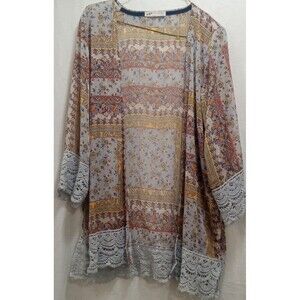 Jolt Open Front Cardigan-Sheer-Size Small-Crochet Trim Boho Print Blue Pink EUC